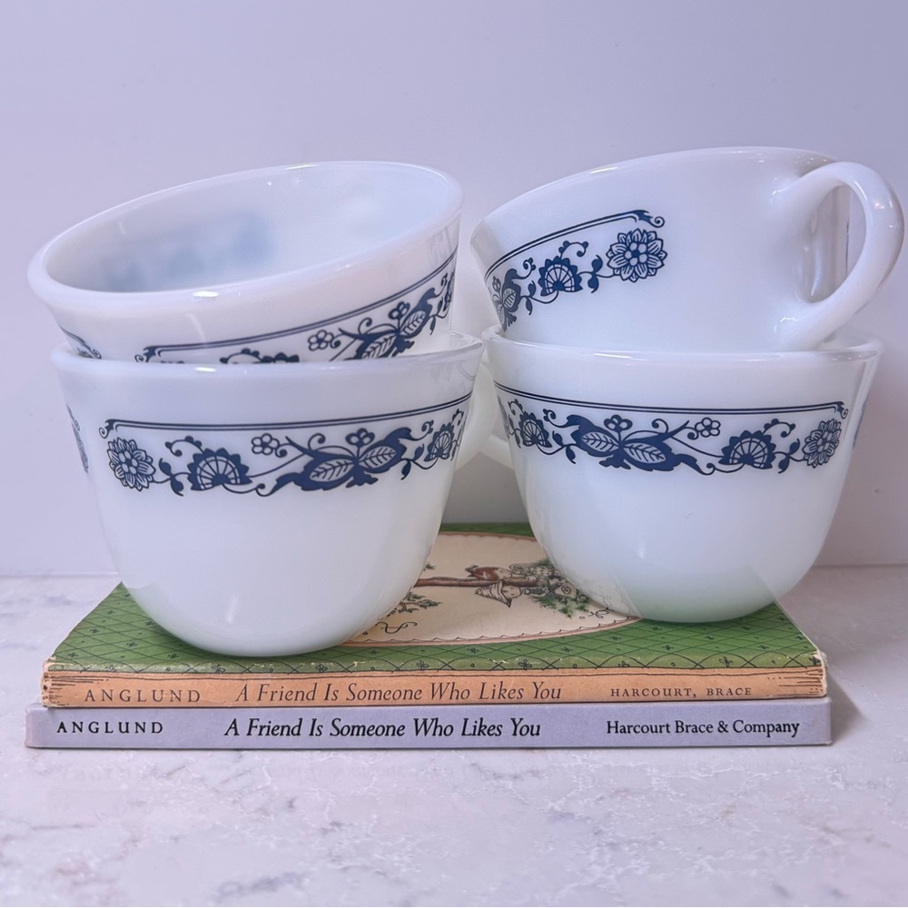 Vintage Pyrex Old Town Blue Onion Milk Glass Coffee Cups-Set of Four